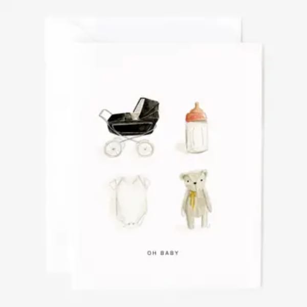 Baby-themed greeting card with a stroller, bottle, onesie, and teddy bear