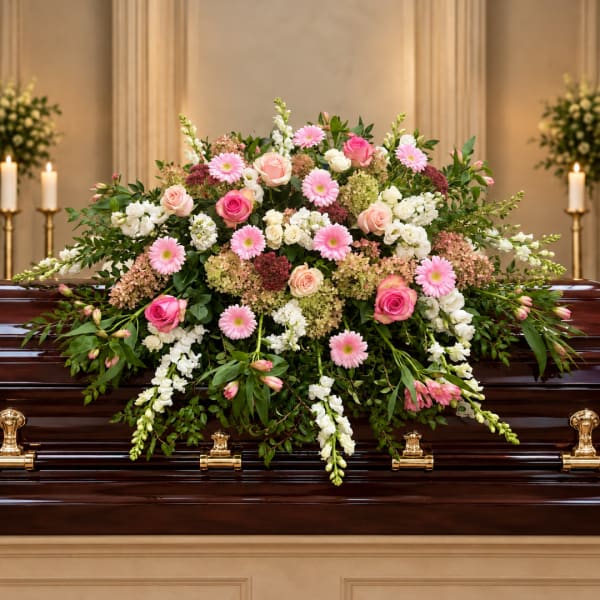Large pink and white floral spray on a dark casket