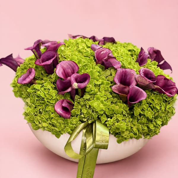 Purple calla lilies in a white bowl with bright green hydrangeas