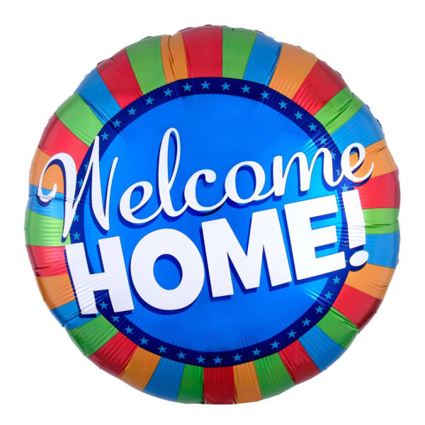 Round foil balloon reading "Welcome Home!" in bright colors