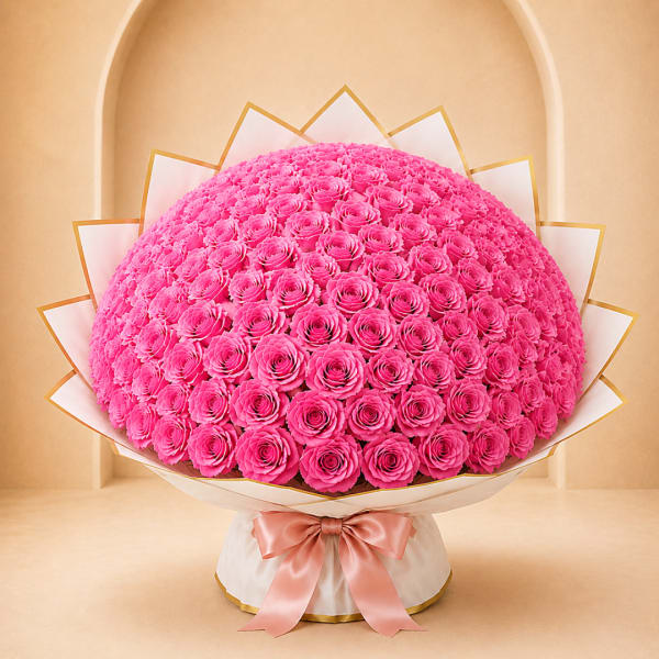 Large dome bouquet of bright pink roses with a satin ribbon wrap