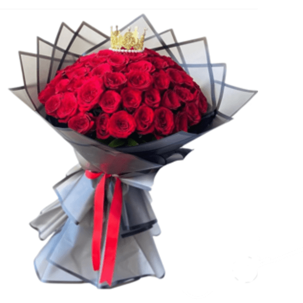 Bouquet of red roses wrapped in black paper with a red ribbon