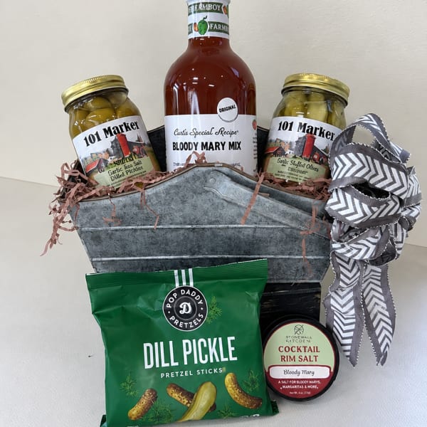 Gift basket with Bloody Mary mix, olives, pickles, pretzels, and rim salt
