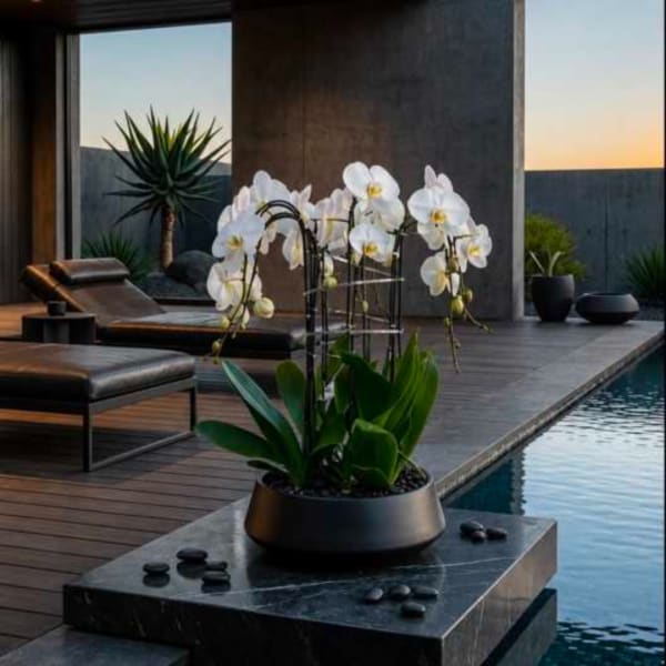 White orchids in a black planter beside a pool at sunset