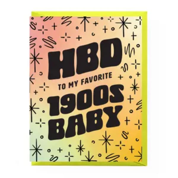 Birthday card with bold text on a pastel patterned background