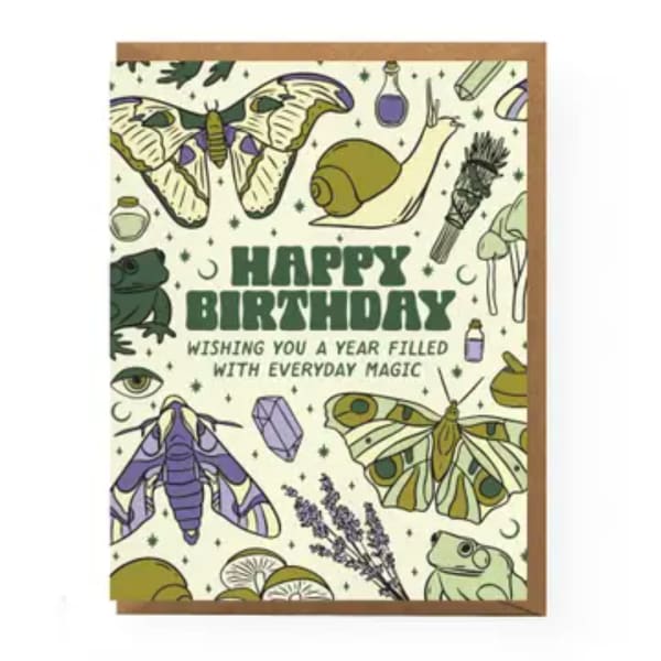 Birthday card with illustrated moths, frogs, and a snail