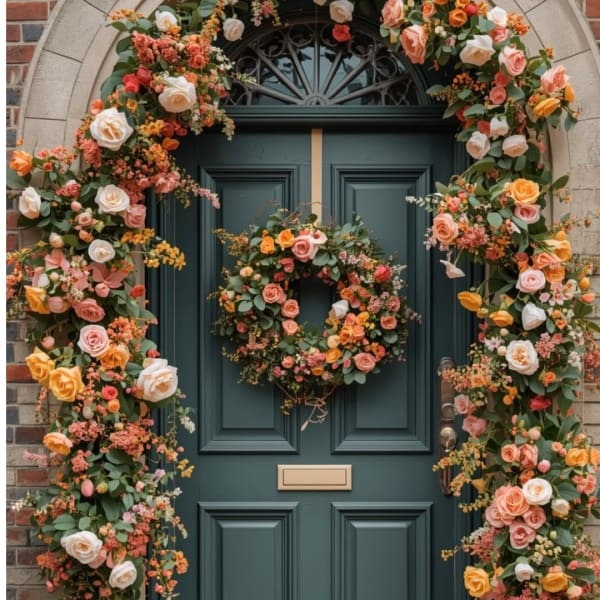 Floral garland frames a dark green door with a matching wreath.