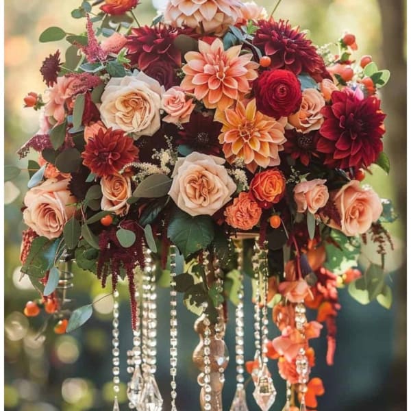 Large floral arrangement with roses and dahlias in red, peach, and cream
