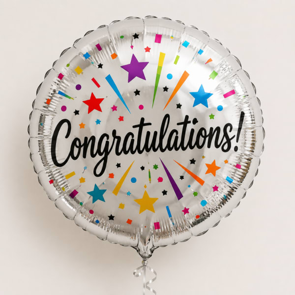 Round silver balloon with "Congratulations!" text and colorful stars