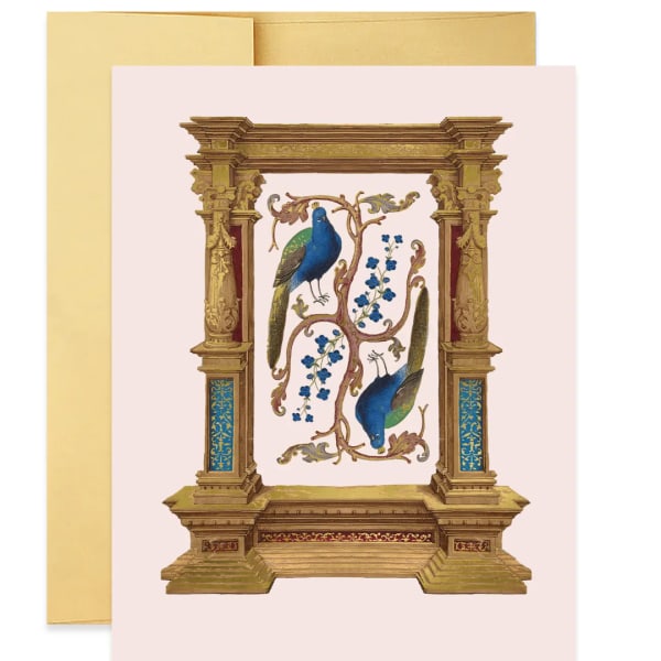 Decorative card with two blue birds and floral vines in an ornate gold frame