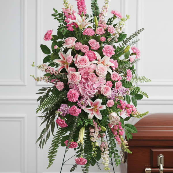 Tall standing spray of pink roses, lilies, and carnations on an easel beside a casket