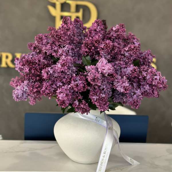 Purple lilac bouquet in a white vase with a ribbon
