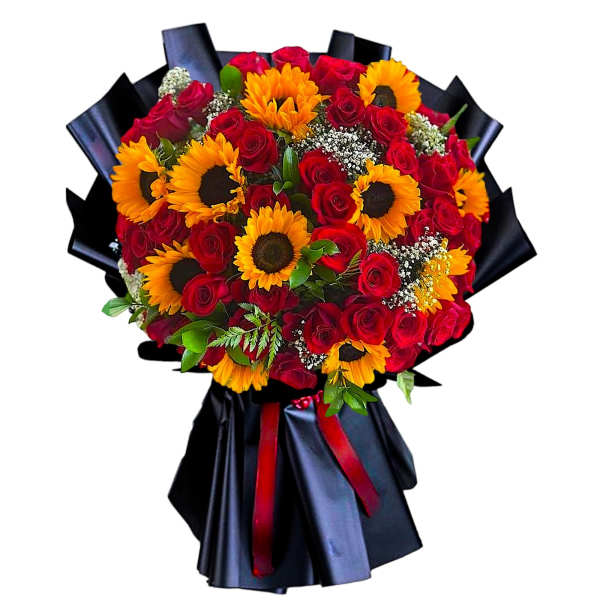 Bouquet of red roses and yellow sunflowers wrapped in black paper