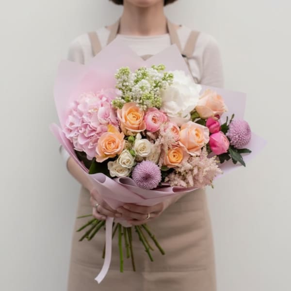 Handheld bouquet of pink, peach, and white flowers wrapped in pale pink paper