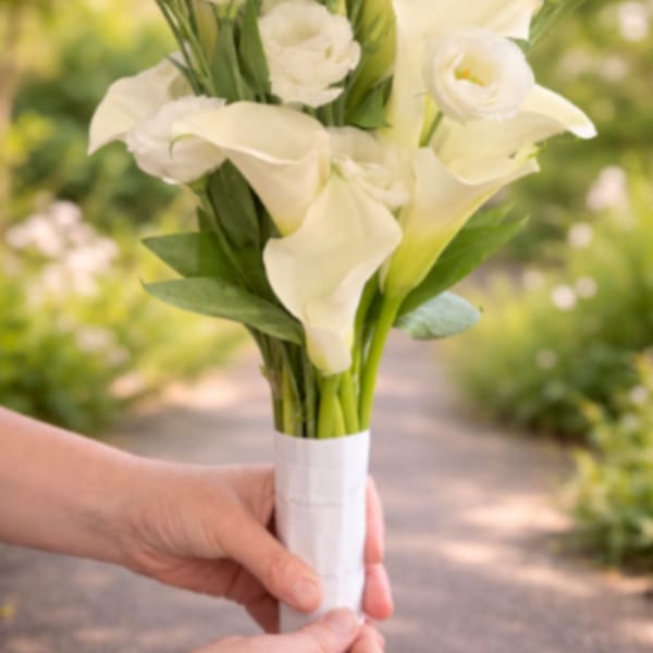 White calla lily and lisianthus bouquet wrapped in white ribbon