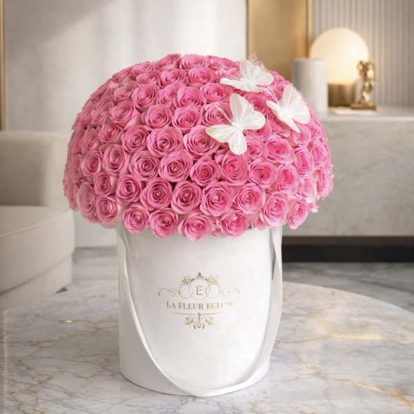 White Velvet Luxury 75 Rose Box with Butterflies