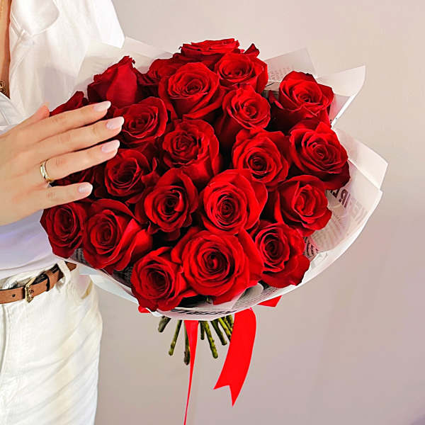 Handheld bouquet of deep red roses wrapped in white paper with a red ribbon.