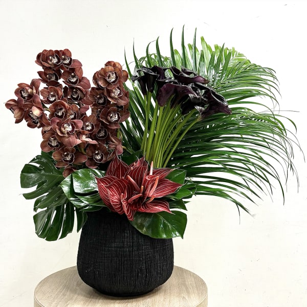 Tall tropical arrangement with brown orchids, dark calla lilies, and lush greenery in a black vase