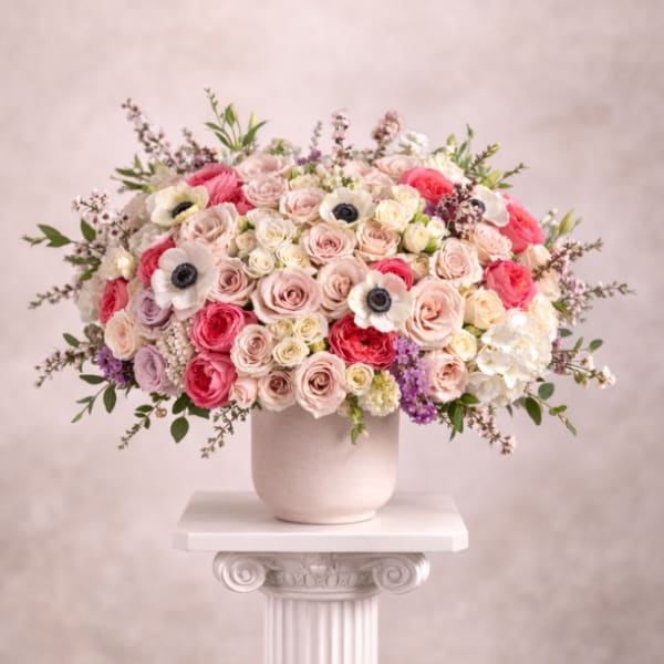 Large bouquet of pink and white roses in a white vase