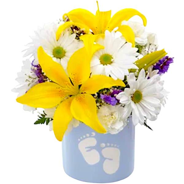 Yellow lilies and white daisies in a blue vase with baby footprints