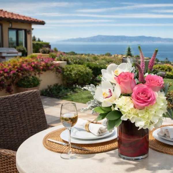 Pink and white floral centerpiece in a glass vase on an outdoor table