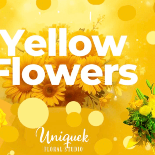 Graphic collage of yellow roses and daisy-style blooms with bold text reading Yellow Flowers.