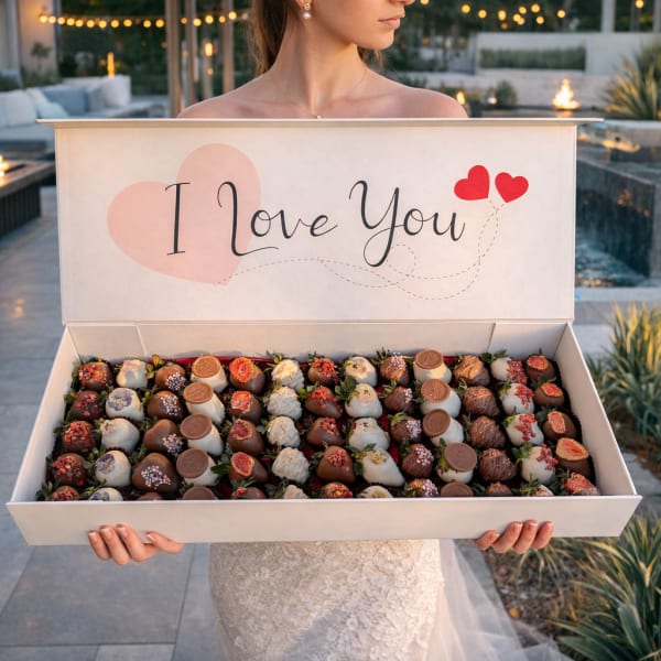 Woman holding a gift box of chocolate-covered strawberries with an "I Love You" lid