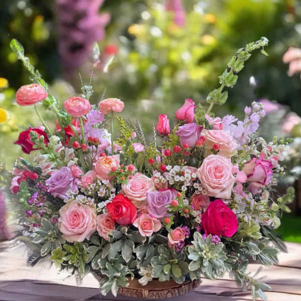 Low floral centerpiece with pink and lavender roses in a shallow container