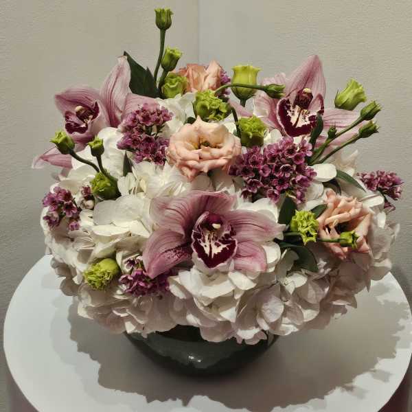 Pink orchids and white hydrangeas arranged in a dark vase