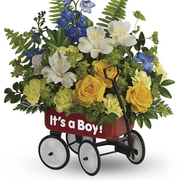 Bouquet in a red wagon with "It's a Boy!" text