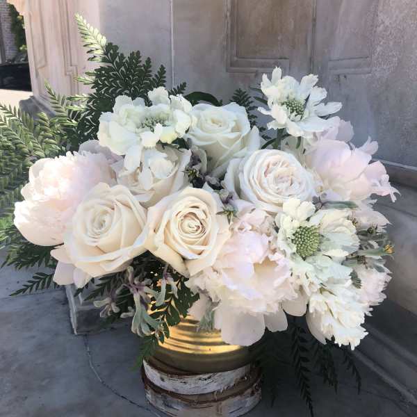 Ivory and white rose and peony arrangement with ferns in a gold container on a wood base