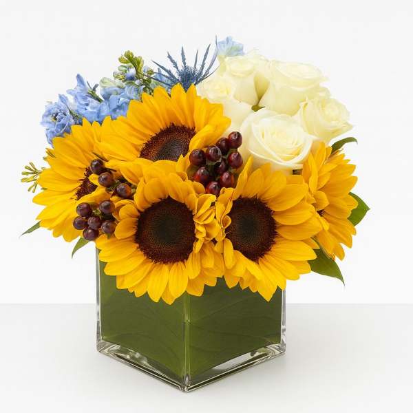 Sunflowers and white roses in a square glass vase