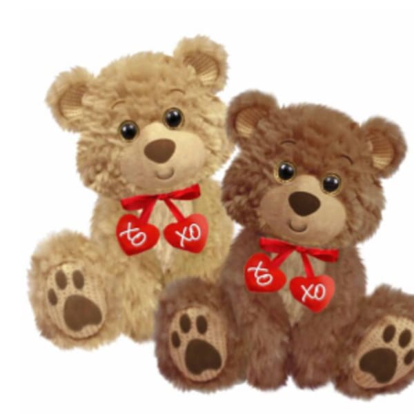 Two teddy bears with red heart tags on a white background