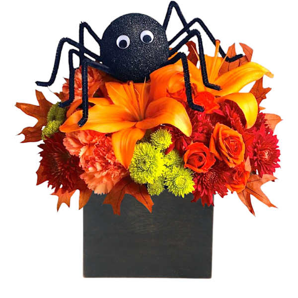 Halloween floral arrangement with a black spider topper in a black box