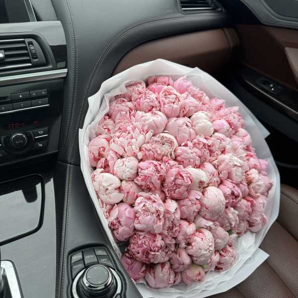 Large bouquet of pink peonies wrapped in white paper on a car seat