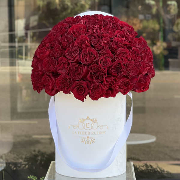 Large dome of red roses in a white hatbox with ribbon handles