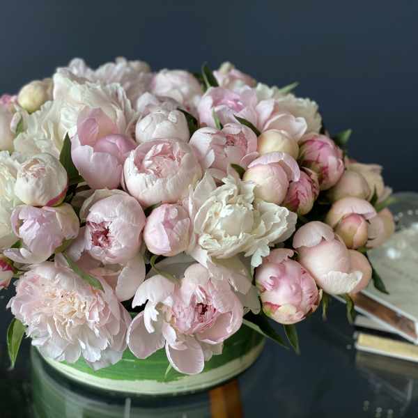 Round bouquet of pale pink and white peonies in a low container