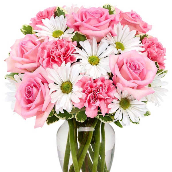 Pink roses and carnations with white daisies in a glass vase