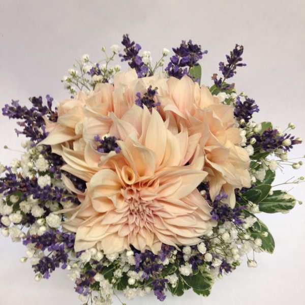 Peach dahlia bouquet with purple and white filler flowers