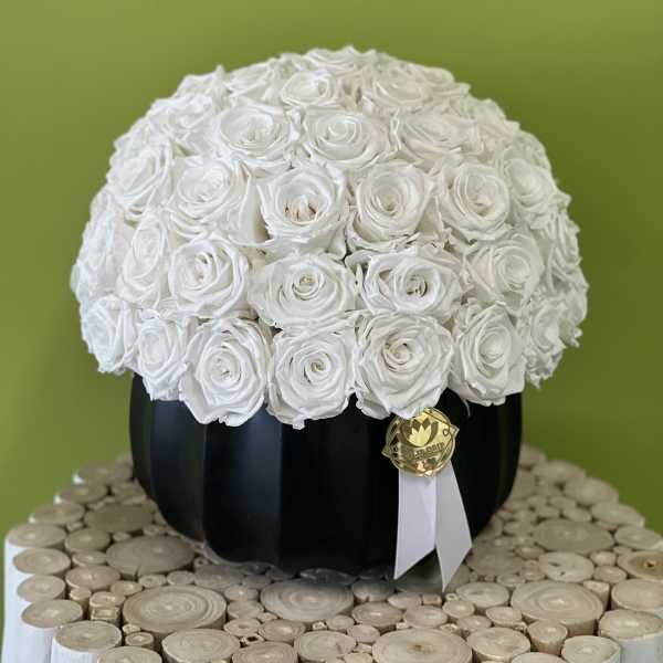 White rose arrangement in a black round box with a ribbon tag