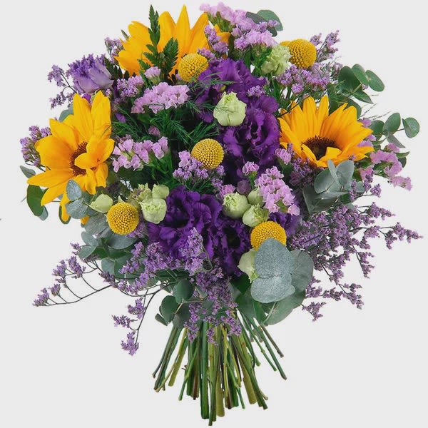 Bouquet of yellow sunflowers, purple blooms, and eucalyptus