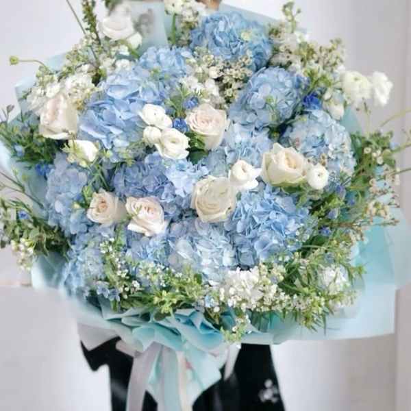Large bouquet of blue hydrangeas and white roses wrapped in pale blue paper