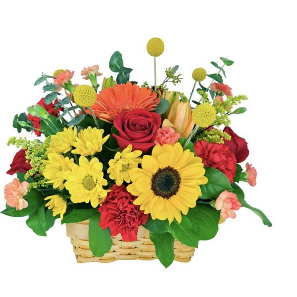 Basket arrangement of red, yellow, and orange flowers