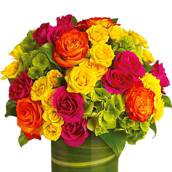 Bright mixed roses in a green glass vase