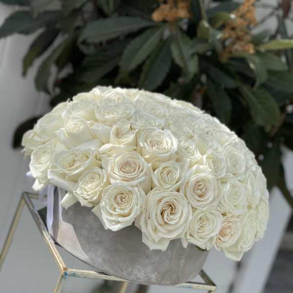 Round bouquet of white roses in a gray box