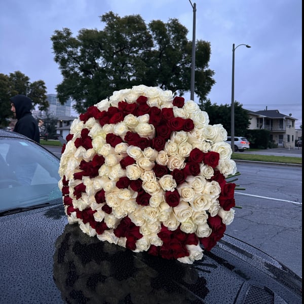 Large bouquet of red and white roses resting on a car hood