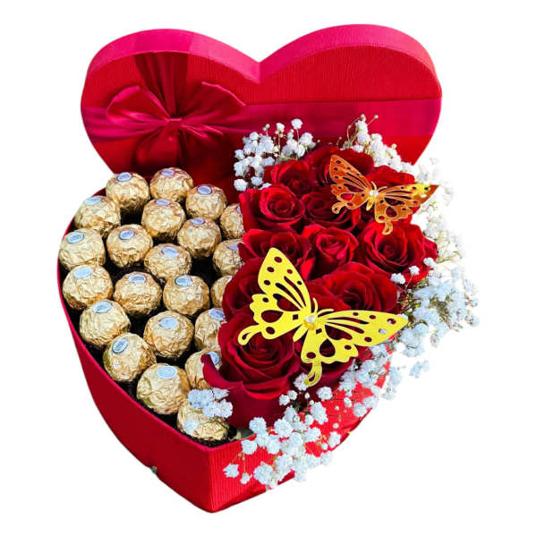 Heart-shaped red gift box with roses and chocolates