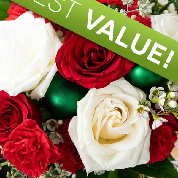Red and white roses with carnations and a green "BEST VALUE!" banner