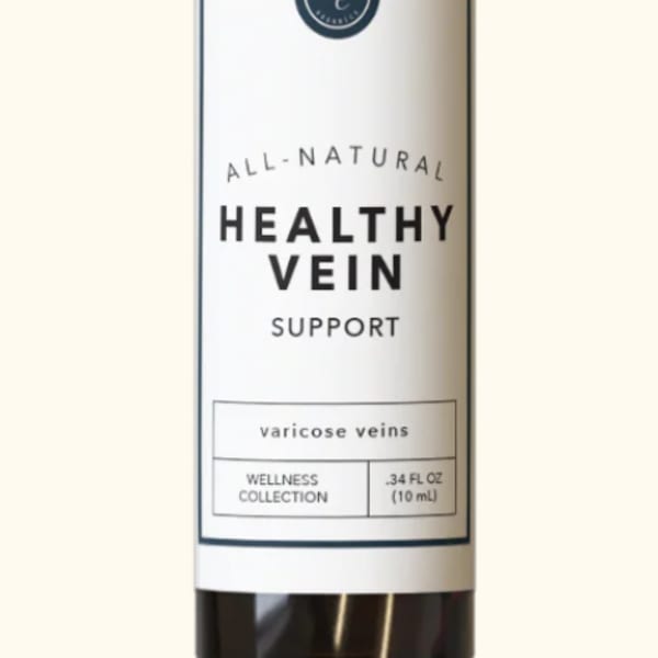 Small amber bottle with a black cap labeled Healthy Vein Support