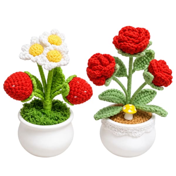 Two crocheted potted flower arrangements with red and white blossoms